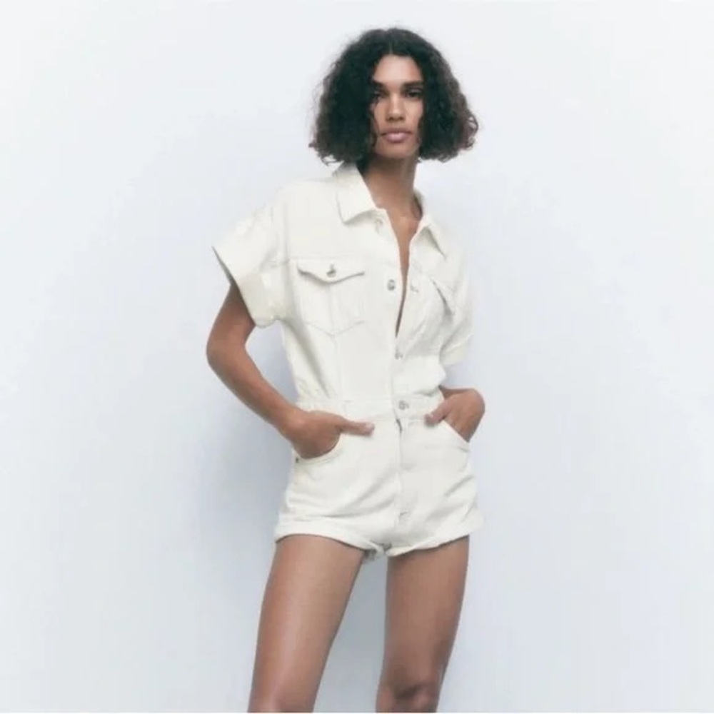 ZARA Cream Denim Shorts Romper